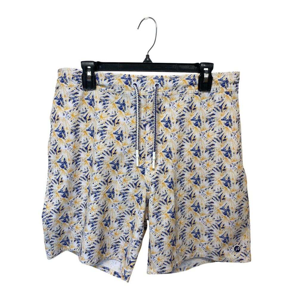 Johnnie-O Grenada Swim Trunk Shorts Men L Yellow Blue Hawaiian Preppy Vacation